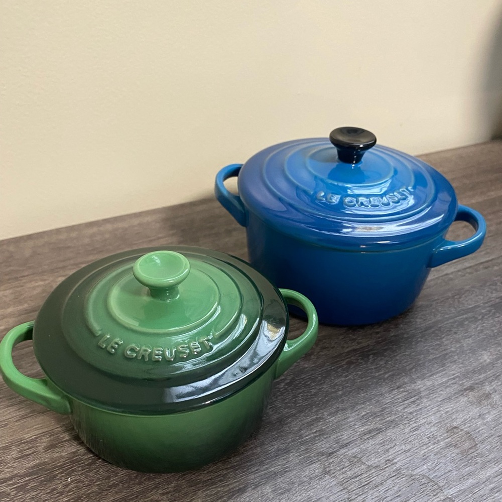 Le Creuset Emerald green and blue Mini Cocotte, Discontinued color